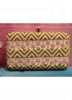 Poly Satin Yellow Party Wear Hand Work Clutches